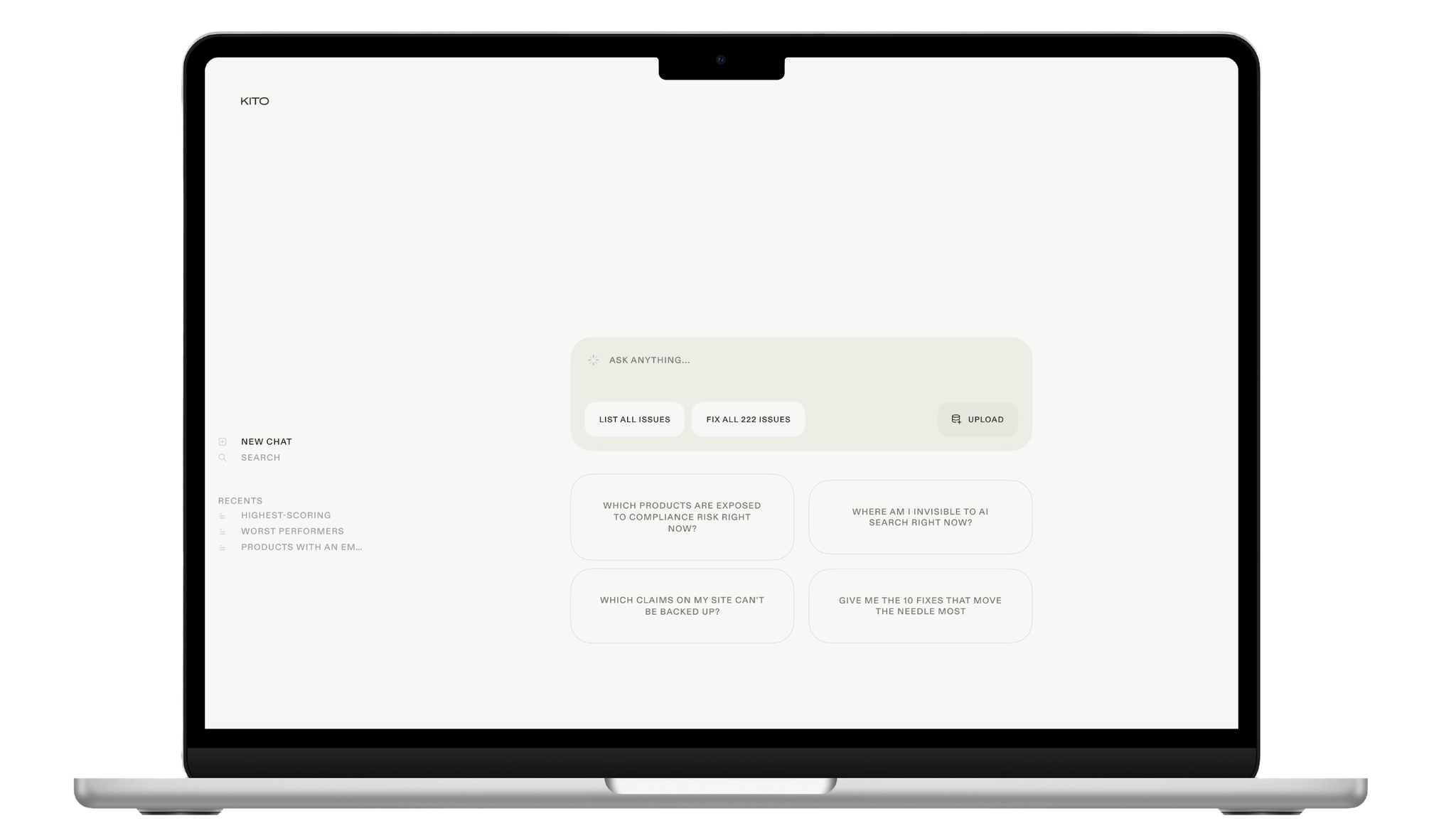 Kito's empty chat state, offering questions such as which products are exposed to compliance risk and which claims can't be backed up.